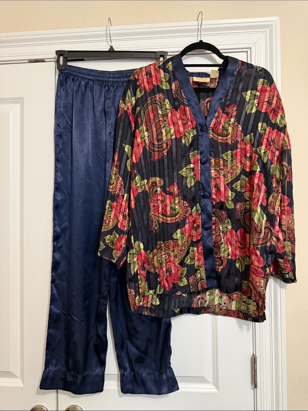 Victoria's Secret Navy Satin Floral Two-Piece Pajama Set
